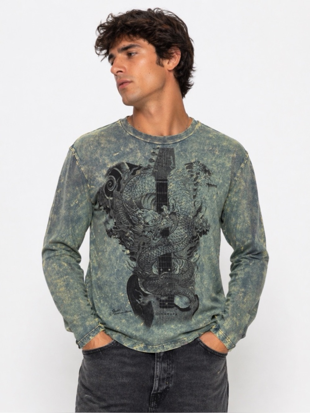 FENDER Y2K Acid Wash Dragon Guitar Graphic Long Sleeve T